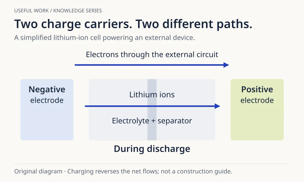 During discharge, electrons follow the external circuit while lithium ions move through the electrolyte toward the positive electrode.