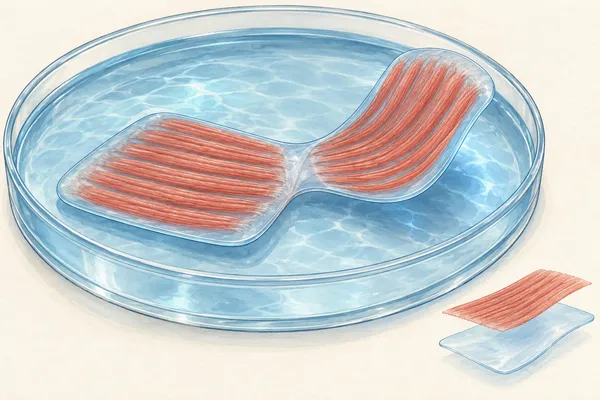 Conceptual illustration of aligned muscle layers on two flexible gel fins in a shallow laboratory dish, with a separated layer detail.