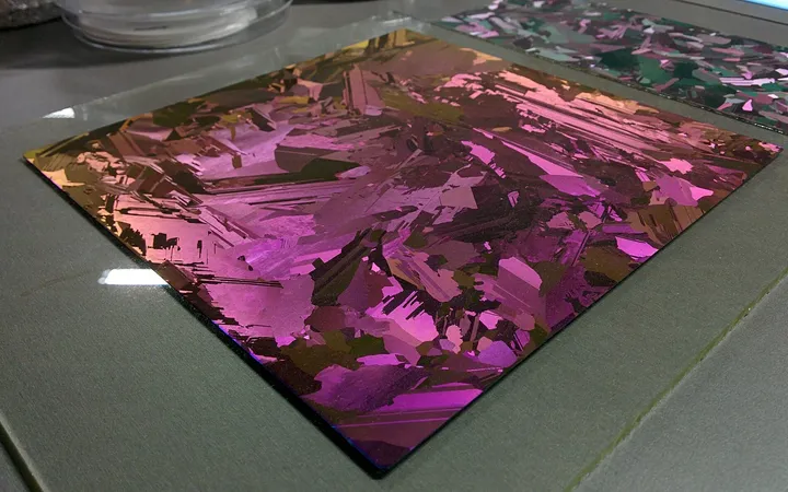 Purple and gold iridescent thin film on a multicrystalline silicon wafer.